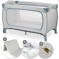 Hauck Baby-Reisebett Sleep N Play Go Plus Set - Dusty Blue, Baby Kinderreisebett mit Matratze, Betteinlage & Insektenschutz