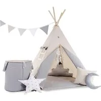 Rainbow Kids Tipi-Zelt Kinderzelt "Grauer Wolf" in Grau mit Zubehör, (8 tlg., mit 4 Kissen, Bodenmatte, Spielzeugkorb und Wimpelkette), Perfektes Spielzelt & Unterschlupf für Kinder, 110 x 110 x 160cm