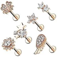 Taffstyle Piercing-Set 6er Set Tragus Knorpel Piercing Kristall Stecker, Set Piercing Glitzer Ohr Cartilage Labret Lippenpiercing Lippe Knorpel