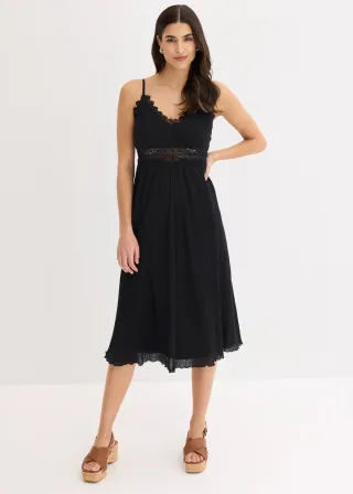 bonprix Midikleid mit Spitzeneinsatz, schwarz, Gr.48, Stylisches Kleid mit tiefem Ausschnitt, 100% Baumwolle