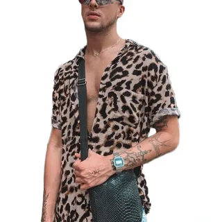OUTDOOR Summer Leopard Print Shirts Fashion Men Short Sleeve Lapel Shirt Casual Floral Blouse Men Hawaiian Beach Tops