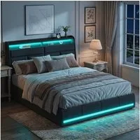 PXloue Stauraumbett Polsterbett Doppelbett, mit LED-Beleuchtung und verstecktem Stauraum,160x200 cm
