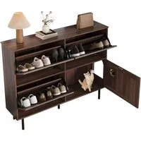Refined Living Schuhschrank Schuhschrank mit 3 Klappen & 4 Türen,Schuhregal Flur,Schuhaufbewahrung (120 L × 28 B × 92 H (cm), Schmaler Schuhschrank aus Spanplatte in Walnussholz-Optik mit schwarzen Griffen, atmungsaktive Rückwand,mit integriertem Kat