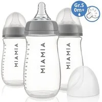 MiaMia Babyflasche PP-Flasche - Grau, 3er Pack Babyflasche 260 ml + Silikon-Trinksauger Größe S