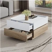 IDEASY Couchtisch Wohnzimmertisch, Couchtisch mit 360° schwenkbarer oberer Ablage (1 Tisch), mit 2 Schubladen, hochgezogene Kanten als Fallschutz, 60 x 60 x 38 cm