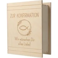 Spruchreif® Spardose Spardose in Buch-Optik aus Holz mit Gravur · Konfirmation & Kommunion, (1-tlg)