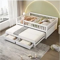 Merax Daybett mit Ausziehbett 90x190cm (Jugendbett Doppelbett Kinderbett Sofabett, Kiefernholz, 1 tlg), Schlafsofa Tagesbett 140x200cm mit 2 Schubladen & Sicherheitsgitter