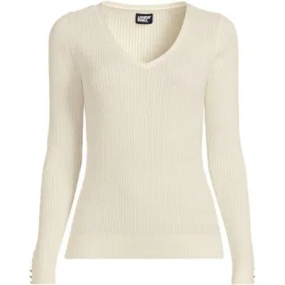 Feinstrick-Zopfmusterpullover mit V-Ausschnitt, Damen,  Weiß, Baumwolle, by Lands' End