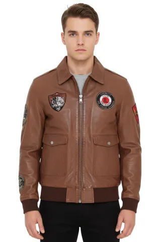 Herren-Bomberjacke aus hellbraunem Leder mit G-1-Fliegerkragen – Hudson