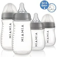 MiaMia Babyflasche PP-Flasche - Grau, 4er Pack Babyflasche 140 ml & 260ml + Silikon-Trinksauger Größe S