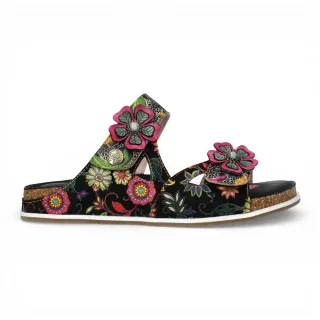 Laura Vita Damen-Sandalen Brcyano 32, schwarz, mit Blumenmuster, aus Leder, Riemchen