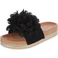 Ital-Design Damen Plateau-Pantolette mit Blütenapplikation Plateausandaletten (91849035) Flach Pantoletten in Schwarz