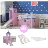 Homestyle4u Hochbett 90x200 Kinderbett mit Leiter und Vorhang Weiß Rosa Holz Treppe Kinder (Komplett-Set mit Lattenrost, mit Rutsche, mit Turm, Matratze mit OEKO-TEX® Standard 100) Kiefer, Jungen Mädchen, Spielbett