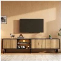 Yorbay TV-Schrank Lowboard 175 cm LED Beleuchtung 3 Türen Stauraum Naturholz Schwarz mit App Steuerung, Glasfächer für Mediengeräte