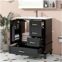 Flieks Waschtisch mit 3 Schubladen und Türregal, Waschbeckenunterschrank mit Waschbecken (B76/T46/H83,5 cm, Beine aus Massivholz, 1-St., bodenstehend, Badschrank Badzimmerschrank Volllackierung), Badezimmerschrank mit Keramikbecken Badmöbel in Breite