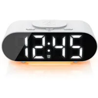 BEARWARE Wecker mit Netzteil & Akku, 3 Alarmzeiten, mit Beleuchtung & QI Ladefunktion Schlummerfunktion, Kabelloses Laden Wireless Charger, Akustiksteuerung