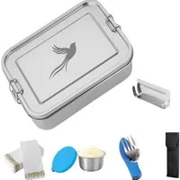 Little Lorien Lunchbox Brotdose Edelstahl 1200ml, 2 Fächer, Besteck, Trennwand & Servietten, Edelstahl, (5-tlg., 1 Brotdose, 1 Trenner, 1 Campingbesteck, 10 Papierservietten, 1 Sauce-Dose), Wiederverwendbar,auslaufsicher,Campingbesteck,Edelstahl,leic