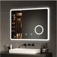 EMKE Badspiegel LED Badezimmerspiegel mit Beleuchtung Schminkspiegel 3-fach (Breite: 80~100cm, Touchschalter), 6500 K Kaltweiß, Antibeschlag, Digitaluhr, Touch, IP44 80 × 60 cm