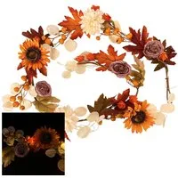 Kunstgirlande mit LED-Lichterkette & Timer zur herbstlichen Dekoration aus Herbstlaub, Sonnenblumen und Chrysanthemen, Online-Fuchs, Dauerleuchten oder Funkeleffekt wählbar - 185 cm groß