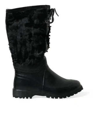 Dolce & Gabbana Schwarze Gummi Schnürstiefel mit Lammfell für Regen