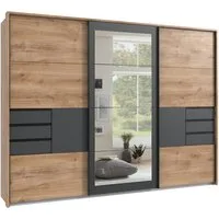 luma-home Schwebetürenschrank 22506 (B273/H213/T64 cm Kleiderschrank mit Vollausstattung, schwarzen Griffleisten) Passepart.,Schubladen,Rahmenspiegel, Eiche Dekor m. Absetzungen Grafit