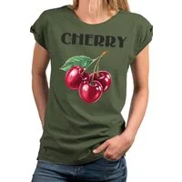 MAKAYA Kurzarmshirt Damen Sommer Shirt mit Aufdruck Kirschen Luftig Elegant Sportlich (Weiß, Rosa, Grau, Grün, 34, 36, 38, 40, 42, 44, 46, 48, 50) große Größen