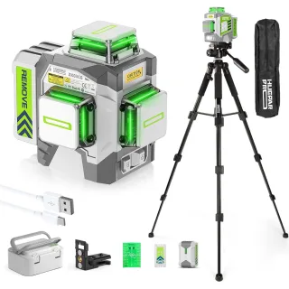 Huepar ZK03CG 3x360° 3D 12Lines Green Laser Level with 50 Inch Tripod Pulse Mode Self-Leveling Rechargeable Power Bank B