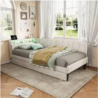 ADWOLT Daybett Tagesbett Polsterbett mit LED-Beleuchtung und Stauraum, Schlafsofa,Jugendbett mit 2 Schubladen und USB,Einzelbett 90x200,Beige