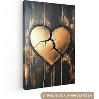 OneMillionCanvasses® Leinwandbild Gebrochenes Herz - Gold - Holzoptik - Liebe, Fotodruck (1 St), Leinwand Canvas Wandbild, Wanddekoration 20x30 cm