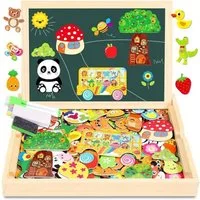 POPOLIC Rahmenpuzzle 2024 Neues Doppelseitiges Magnetisches Holzpuzzle, Puzzleteile, Montessori Frühes Bildungsspielzeug, Perfektes Familiengeschenk