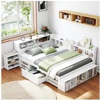 HAUSS SPOLE Holzbett 140x200cm mit Schubladen, Bücherregal, Stauschrank ohne Matratze, weiß (Multifunktionales Kinderbett, mit Lattenrost, ohne Matratze, 140*200cm), mit Schubladen, Bücherregal und Stauschrank