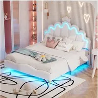 Flieks Polsterbett, LED Kinderbett Doppelbett mit krone-Form Prinzessinnenbett 140x200cm