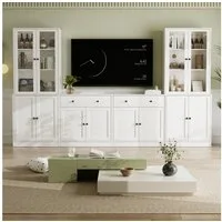 VOWNER TV-Schrank mit Bücherregalen für Fernseher bis zu 70 Zoll, 280 cm TV-Ständer (4-St) Wohnzimmer-Fernsehschrank mit gehärteten Glastüren und Einlegeböden