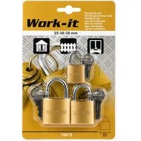 Work-it Vorhängeschloss 3er Set Vorhängeschloss 25/30/38mm mit 18 Schlüssel, (Mehrfachpack, 3-tlg., 3 Schlösser, 18 Schlüssel), automatische Verriegelung, je 6 Schlüssel pro Schloss