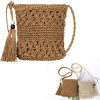 Oemmn Schultertasche Strandtasche für Damen, gehäkelte Sommertasche,Sommertasche, Geflochtene Tasche Boho,Vintage Strandtasche aus Stroh mit Quaste