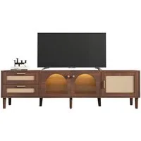 Merax Lowboard mit Rattangeflcht und LED, Fernsehtisch, mit 2 Schubladen und 3 Türen,TV-Schrank mit Glastüren,B:180cm