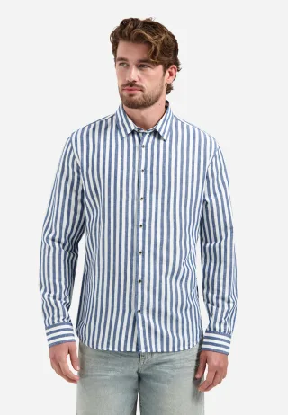 No Excess - Shirt Vertical Big Stripe With Linen indigo blue - Gr. - XL
