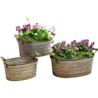 Dekoleidenschaft Pflanzkübel Metallwannen im Antik-Design mit Holzgriffen, Blumenkübel Pflanzkasten (3 St., im Set), Blumenkasten, Pflanzkübel, Metall Pflanzgefäß, Gartendeko für Draußen