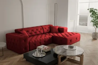 Ecksofa Designersofa CHANTAL in Stoff Opera Velvet Rubinrot Ottomane Rechts