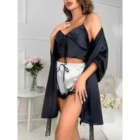 Elegant Love Morgenmantel Sexy Pyjama-Set für Damen, Dessous-Set, Kimono, Negligee aus Satin, Kimono-Kragen, Gürtel, Nachtwäsche und Loungewear, Verführerische Lingerie
