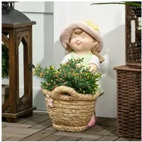 Outsunny Gartenfigur "Mädchen mit Blumentopf", Gartendeko, Skulptur für Heimdekoration