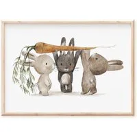 Pipapier Poster Kinderposter "Hasen mit Möhre", Kinderzimmerbild, Ostern, Hasenbild, Kinderzimmerbild mit lustigen Tieren