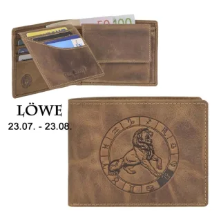 Geldbörse Leder Löwe-Prägung antikbraun | Greenburry Vintage Portemonnaie mit Sternzeichen. Robuster Organizer mit 7 Kartenfächern.
