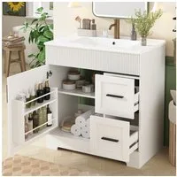 Flieks Waschtisch Badkommode mit 2 Schubladen, Türregalen und verstellbarer Einlegeböden (B81,5/T47/H85,5 cm, 1-St., bodenstehend, Badzimmerschrank mit Überlauf), Waschbeckenunterschrank mit Waschbecken Badmöbel-Set Weiß