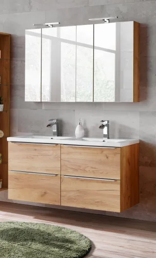Badmöbel Set 5-tlg Badezimmerset PERUGIA Gold Eich inkl.Waschbecken