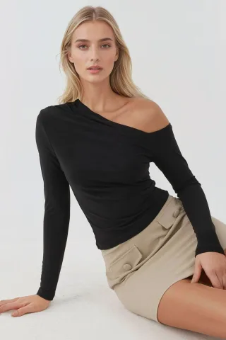 Asymmetrischer Kragen Langarm Slim Fit Soft Touch Strickoberteil