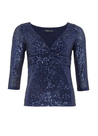 SWING - Elastische Paillettenbluse mit Knotendetail navy - Gr. - 46