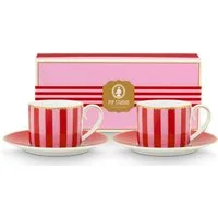 PiP Studio Espressotasse Love Birds Stripes Red-Pink Espressotasse mit Untertasse 0,125l Set2, Porzellan