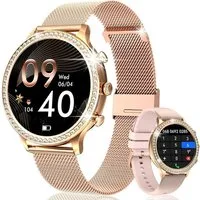 AIBISTAR Smartwatch Damen mit Telefonfunktion,  HD Voll Touchscreen Wasserdicht Smartwatch, Diamantzifferblatt, austauschbare Armbänder, 1.32 Zoll Schlafmonitor Blutdruckmessung Schrittzähler für Android/iOS
