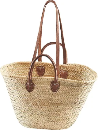 locker Aufbewahrungskorb "Strandtasche, Korbtasche" Palmtasche mit Ledergriffen und Lederhenkeln, Strandkorb im Bohostyle